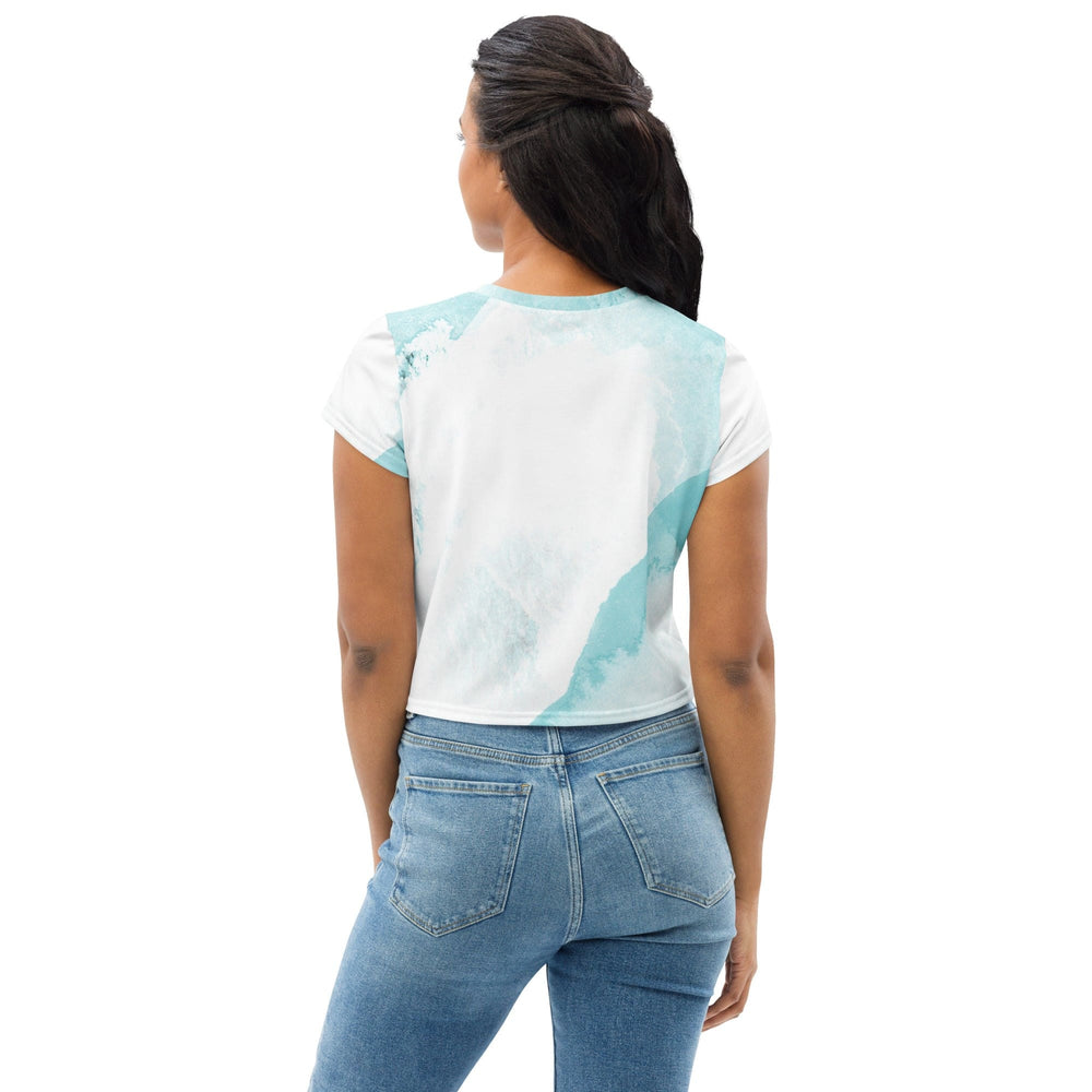 Womens Stretch Fit Crop Tee T-shirt - Subtle Abstract Ocean Blue and White