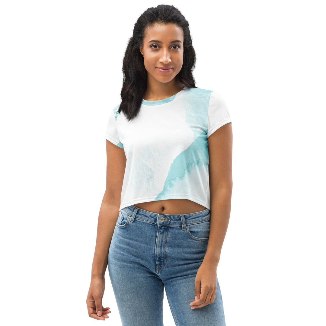 Womens Stretch Fit Crop Tee T-shirt - Subtle Abstract Ocean Blue and White