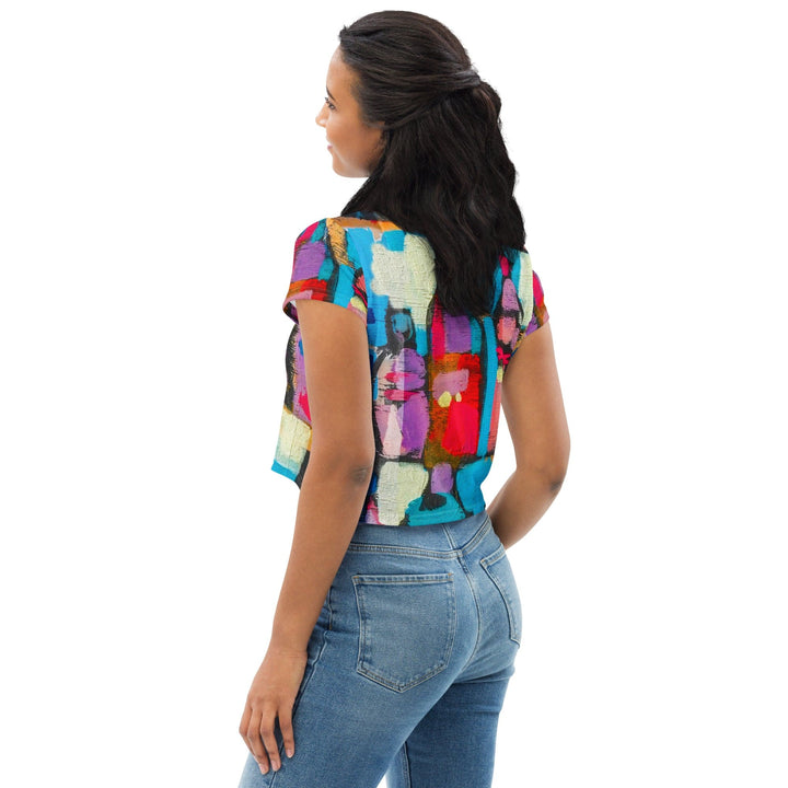 Womens Stretch Fit Crop Tee T-shirt - Sutileza Red Multicolor Abstract Print