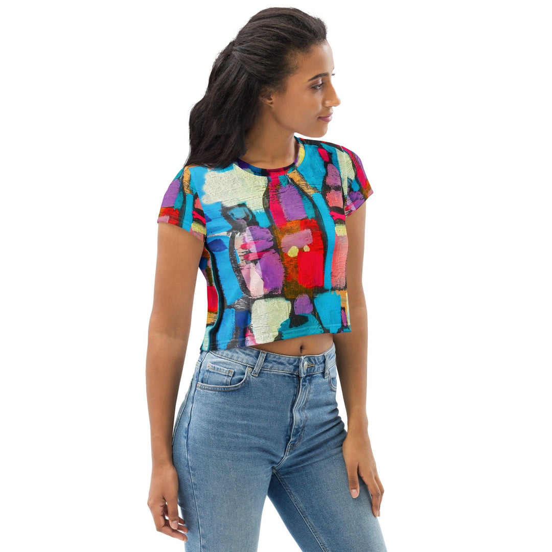 Womens Stretch Fit Crop Tee T-shirt - Sutileza Red Multicolor Abstract Print