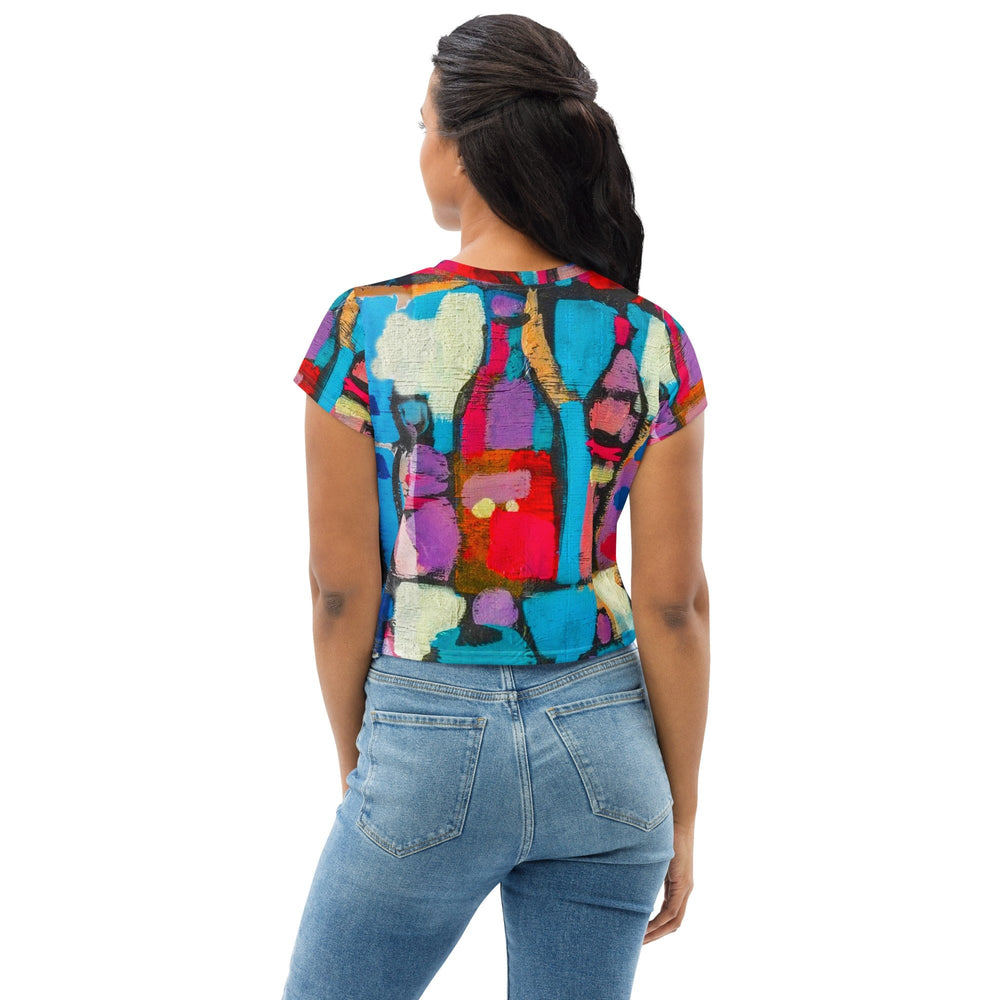 Womens Stretch Fit Crop Tee T-shirt - Sutileza Red Multicolor Abstract Print