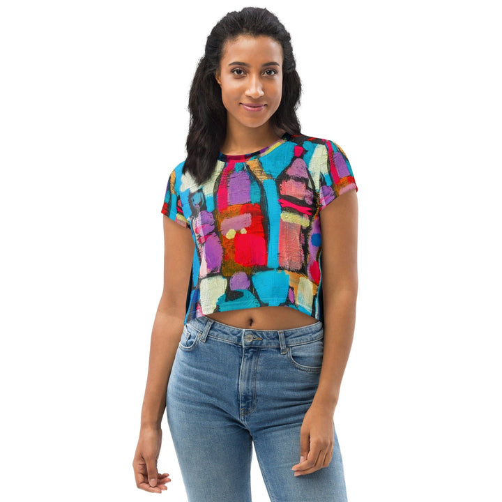 Womens Stretch Fit Crop Tee T-shirt - Sutileza Red Multicolor Abstract Print