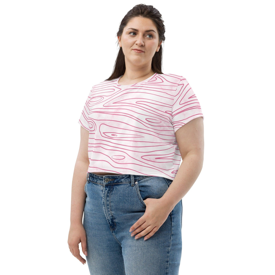 Womens Stretch Fit Crop Tee T-shirt Jersey - Pink Line Art Sketch Print