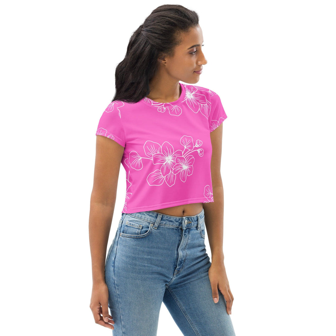 Womens Stretch Fit Crop Tee T-shirt - Pink Floral 7022623