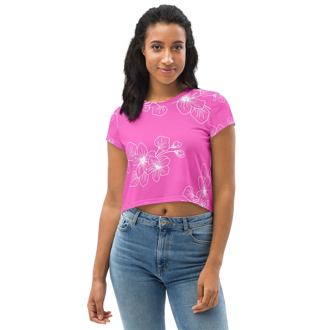 Womens Stretch Fit Crop Tee T-shirt - Pink Floral 7022623