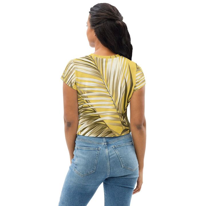 Womens Stretch Fit Crop Tee T-shirt - White Brown Palm Leaves