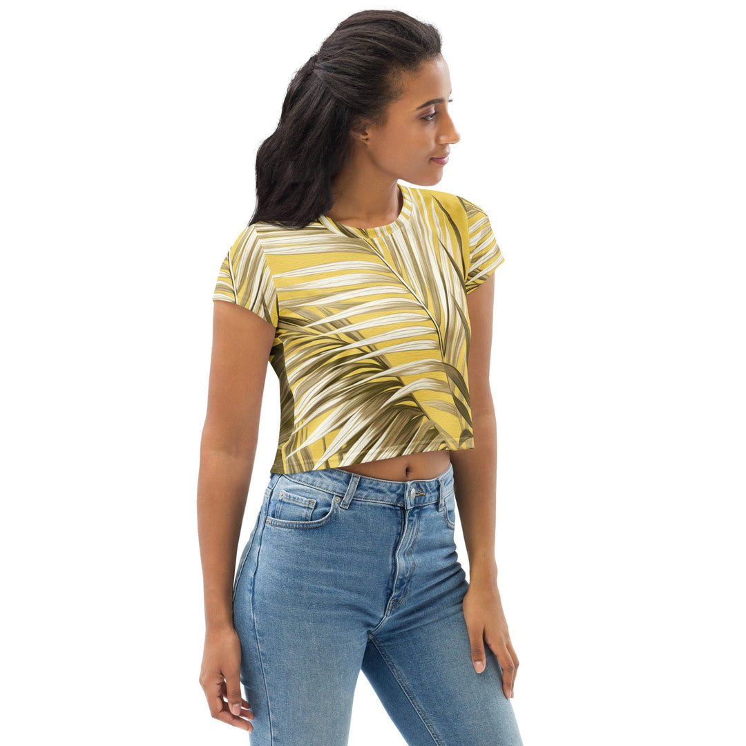 Womens Stretch Fit Crop Tee T-shirt - White Brown Palm Leaves