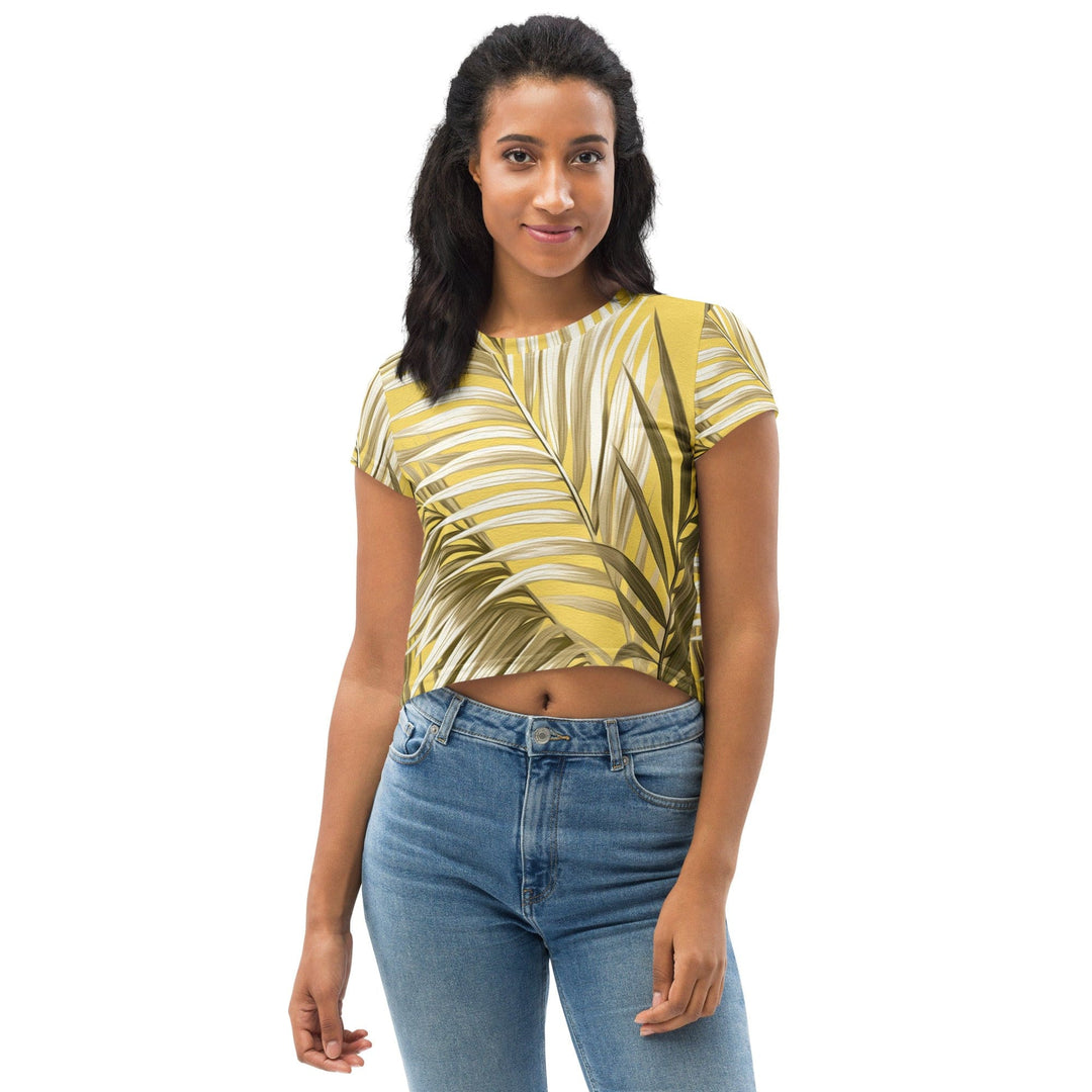 Womens Stretch Fit Crop Tee T-shirt - White Brown Palm Leaves