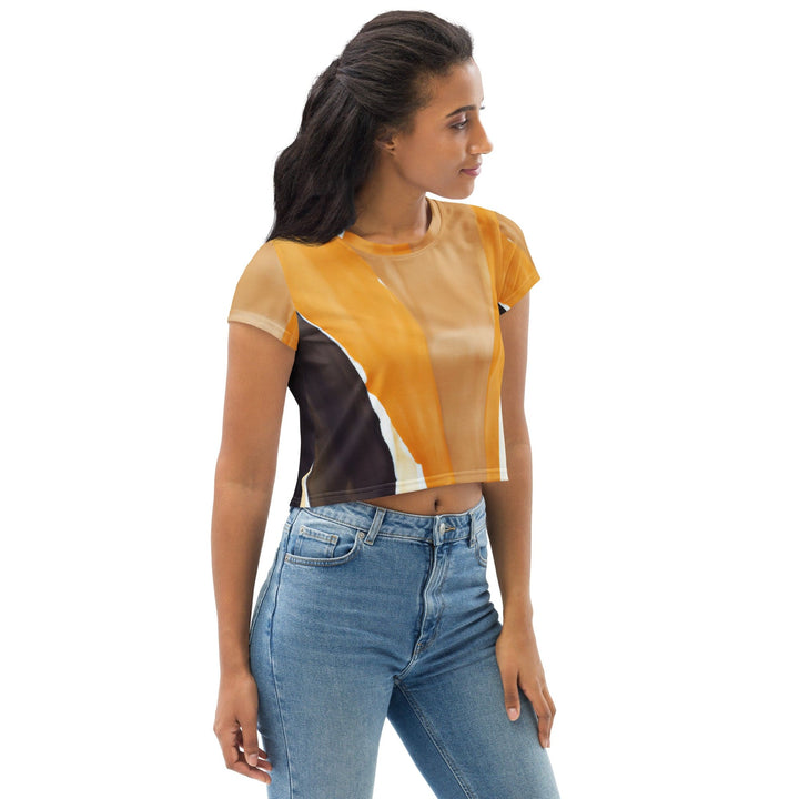 Womens Stretch Fit Crop Tee T-shirt - Yellow Brown Abstract Pattern
