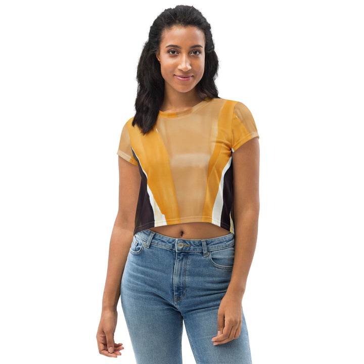 Womens Stretch Fit Crop Tee T-shirt - Yellow Brown Abstract Pattern