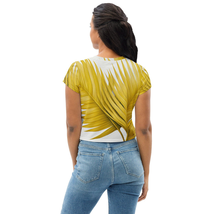 Womens Stretch Fit Crop Tee T-shirt - Yellow Palm Leaves