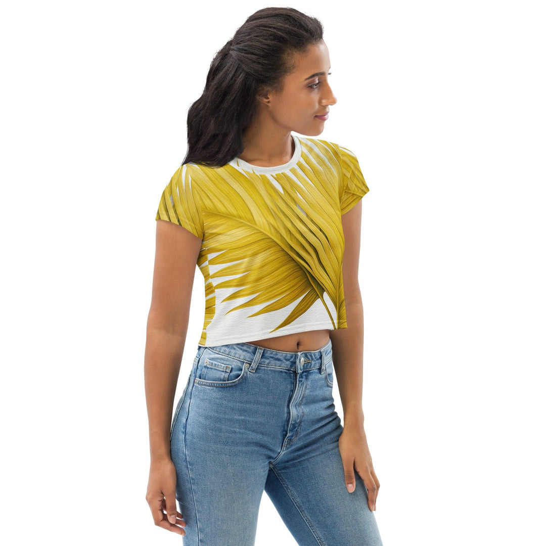 Womens Stretch Fit Crop Tee T-shirt - Yellow Palm Leaves