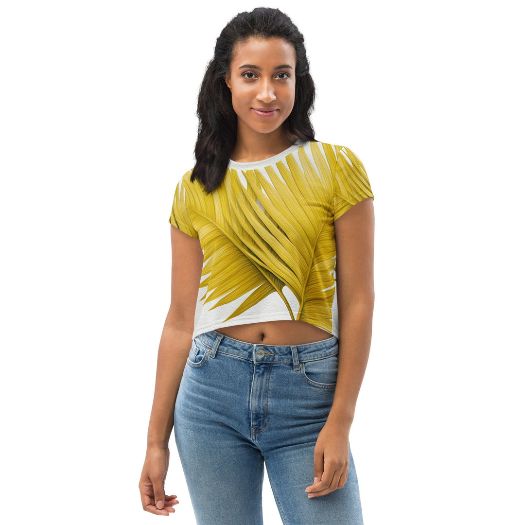 Womens Stretch Fit Crop Tee T-shirt - Yellow Palm Leaves