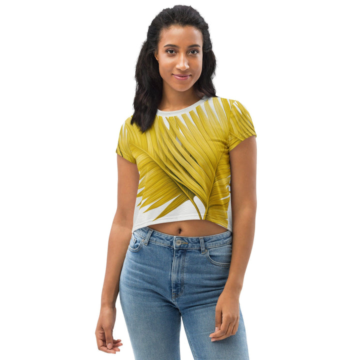 Womens Stretch Fit Crop Tee T-shirt - Yellow Palm Leaves