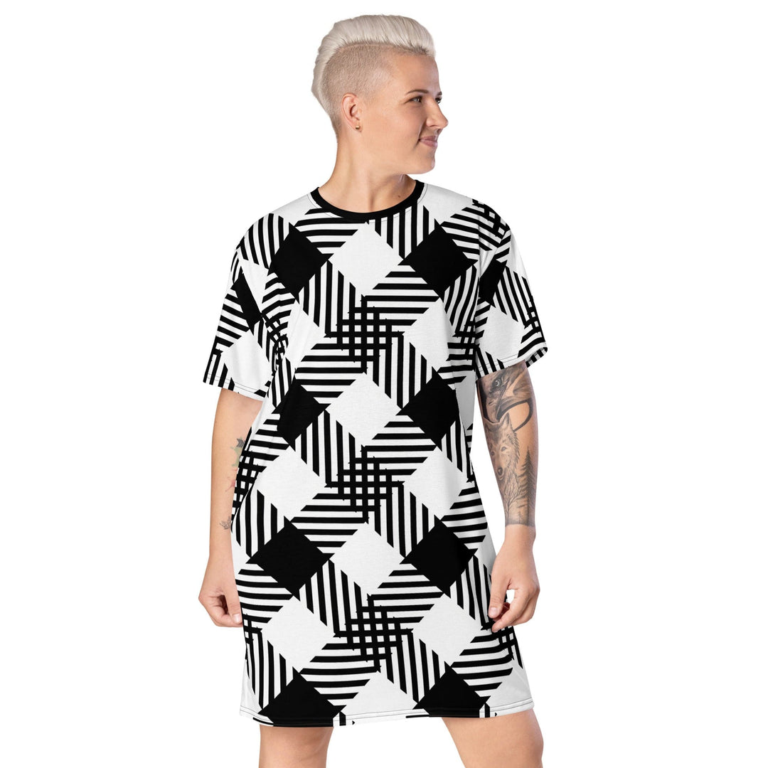 Womens Stretch Fit T-shirt Dress - Black and White Plaid Print