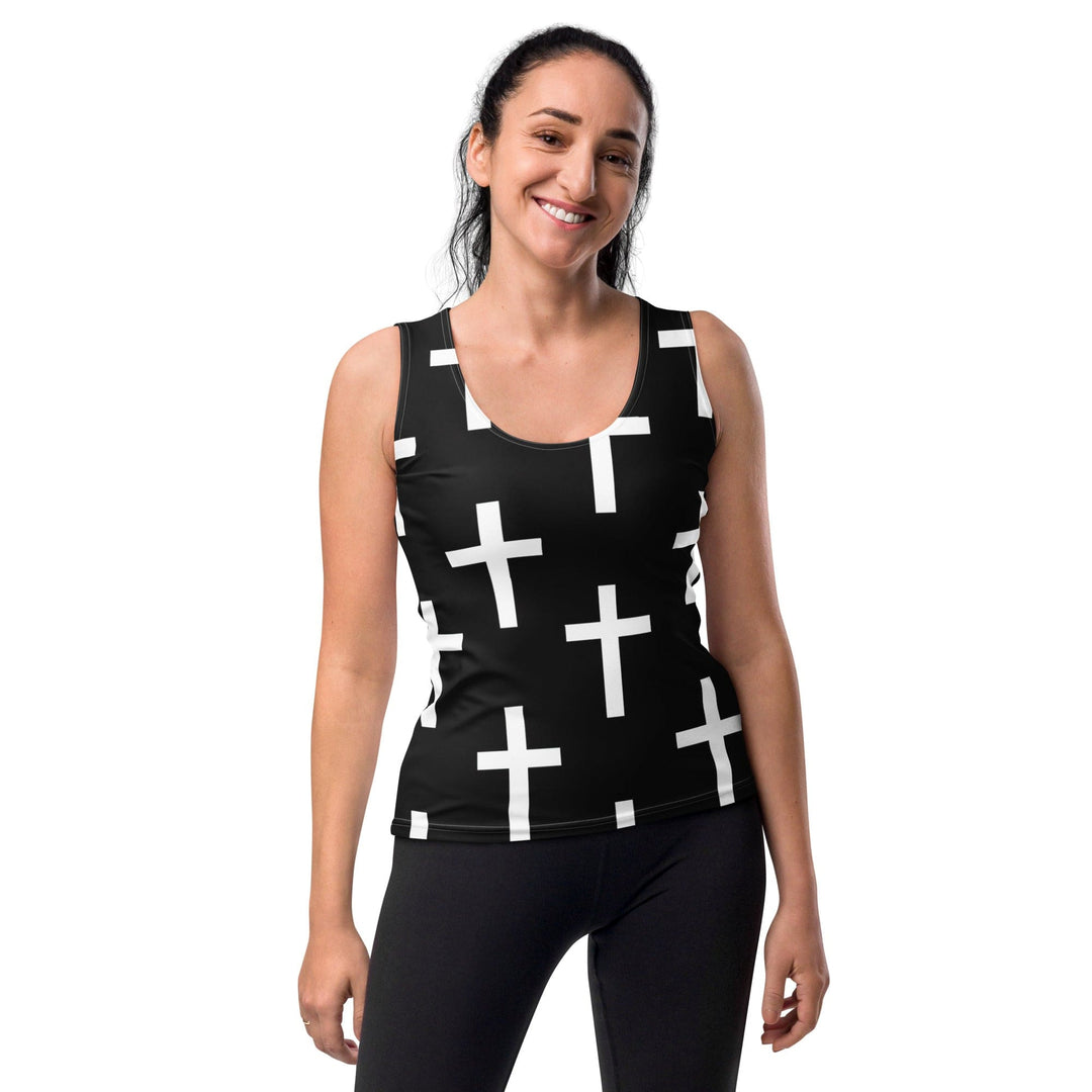 Womens Stretch Fit Tank Top Black And White Seamless Cross Pattern - Womens