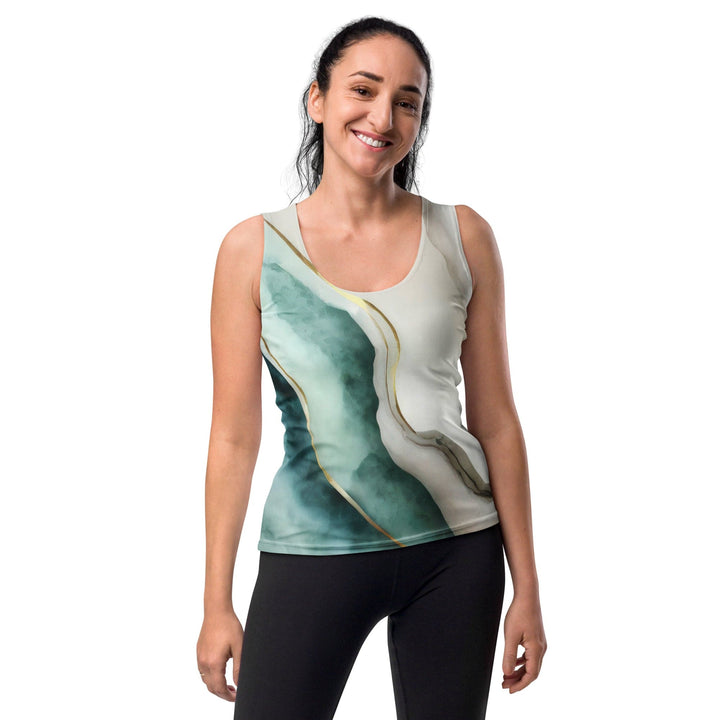 Womens Stretch Fit Tank Top Cream White Green Marbled Print - Womens | Tank