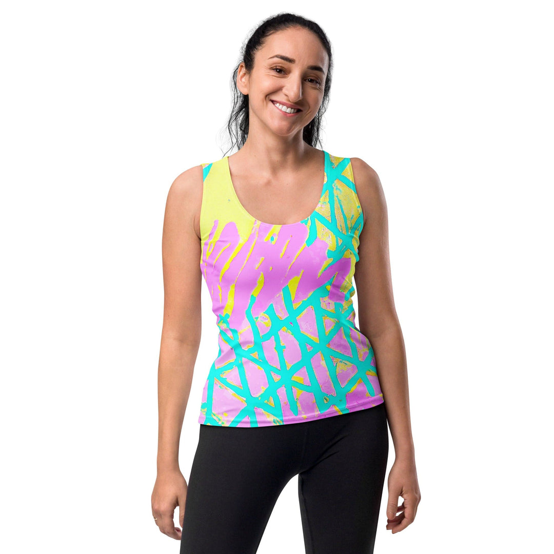 Womens Stretch Fit Tank Top Cyan Blue Lime Green And Pink Pattern - Womens