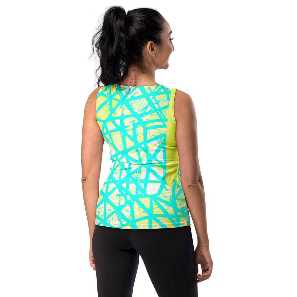 Womens Stretch Fit Tank Top Cyan Blue Lime Green And White Pattern - Womens
