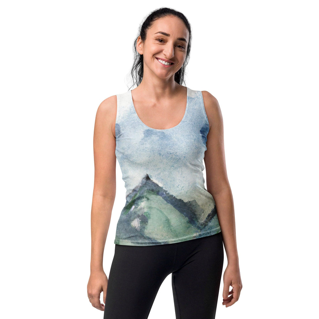 Womens Stretch Fit Tank Top Green Mountainside Nature Landscape Blue - Womens