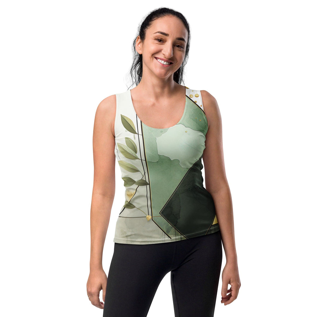 Womens Stretch Fit Tank Top Olive Green Mint Leaf Geometric Print - Womens