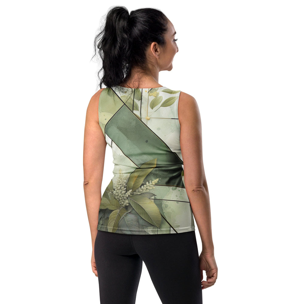 Womens Stretch Fit Tank Top Olive Green Mint Leaf Geometric Print - Womens