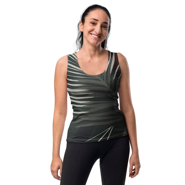 Womens Stretch Fit Tank Top Palm Tree Leaves Maroon Green Background - Womens