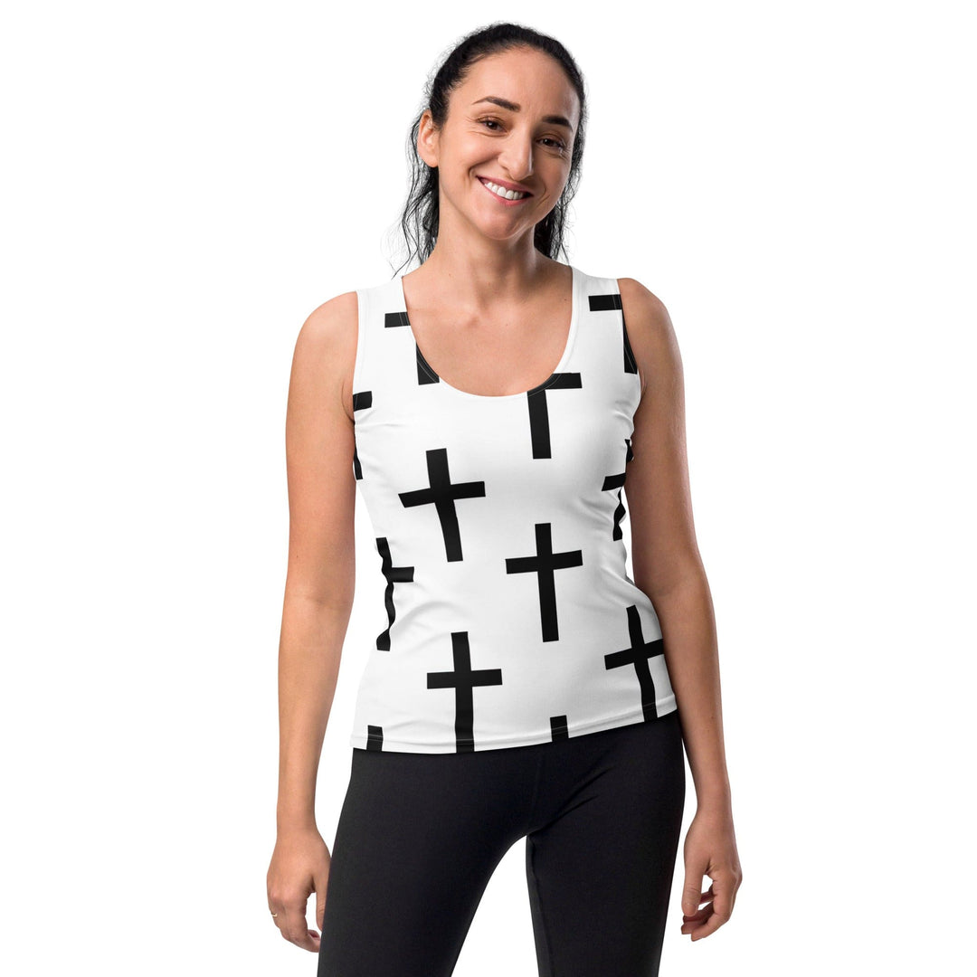 Womens Stretch Fit Tank Top White Black Cross Print - Womens | Tank Tops | AOP