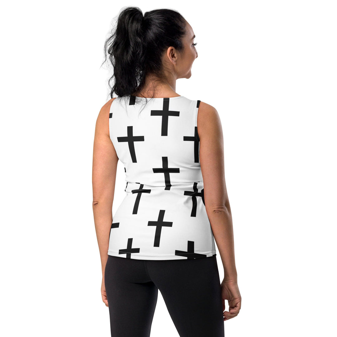 Womens Stretch Fit Tank Top White Black Cross Print - Womens | Tank Tops | AOP