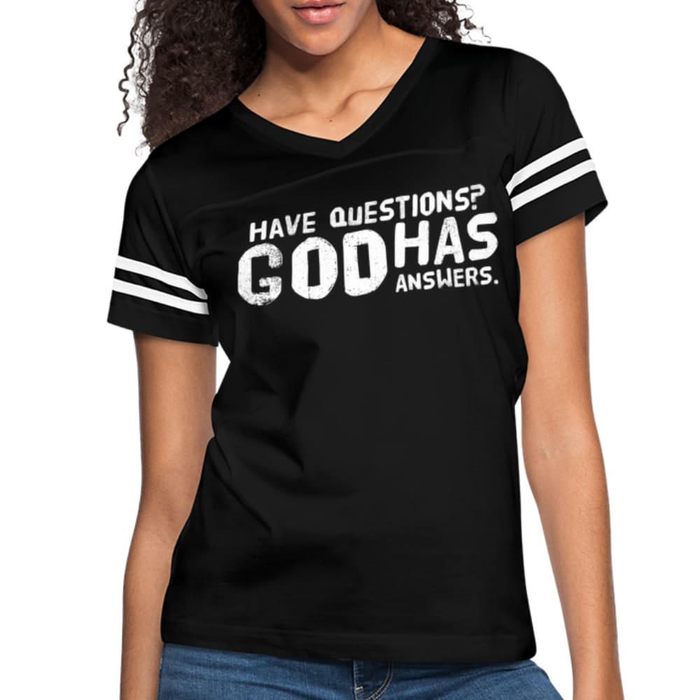 Womens T-shirt Vintage Sport Black - have Questions? God has Answers