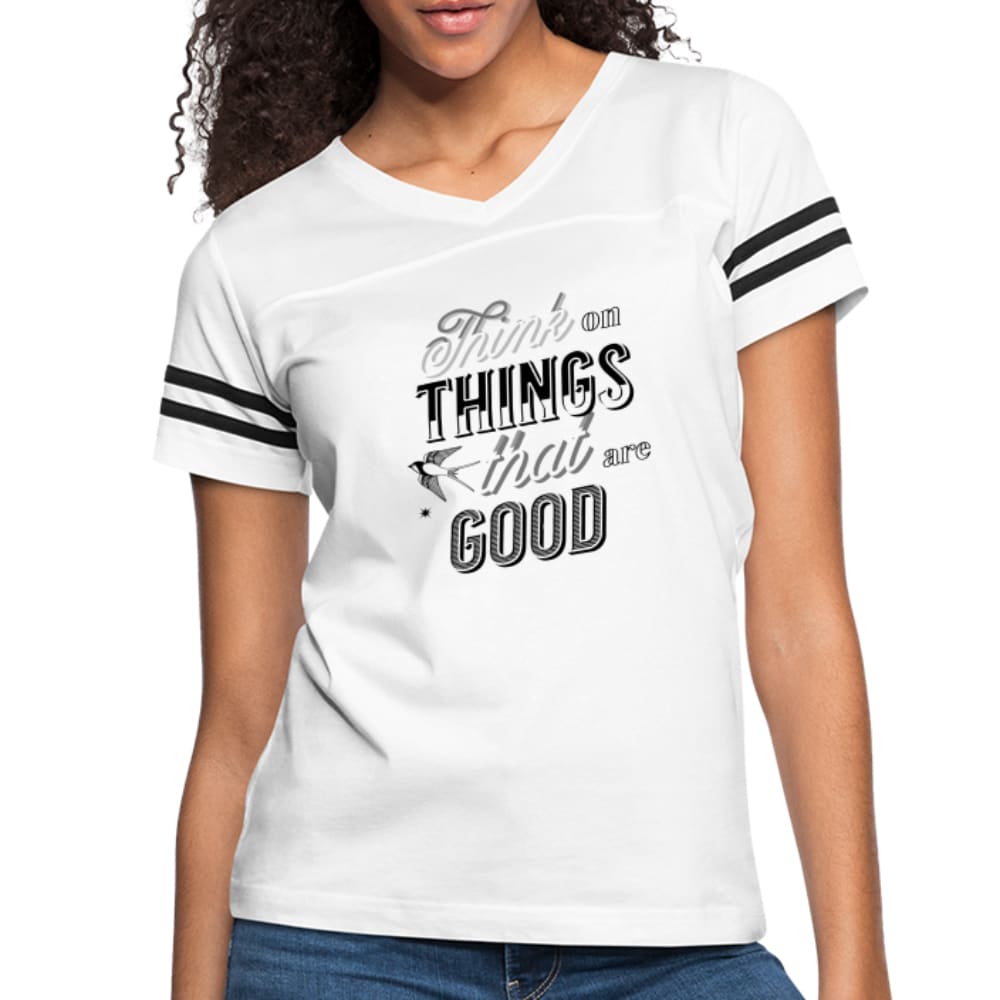 Womens T-shirt Vintage Sport Black - Think on Things that are Good
