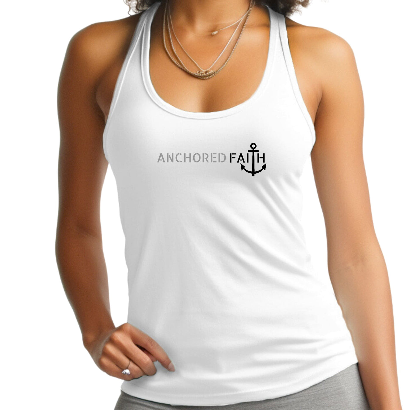 Womens Tank Top Fitness T - shirt Anchored Faith Grey And Black Print - Tops