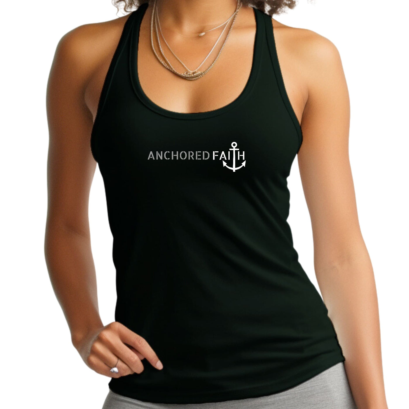 Womens Tank Top Fitness T - shirt Anchored Faith Grey And White Print - Womens