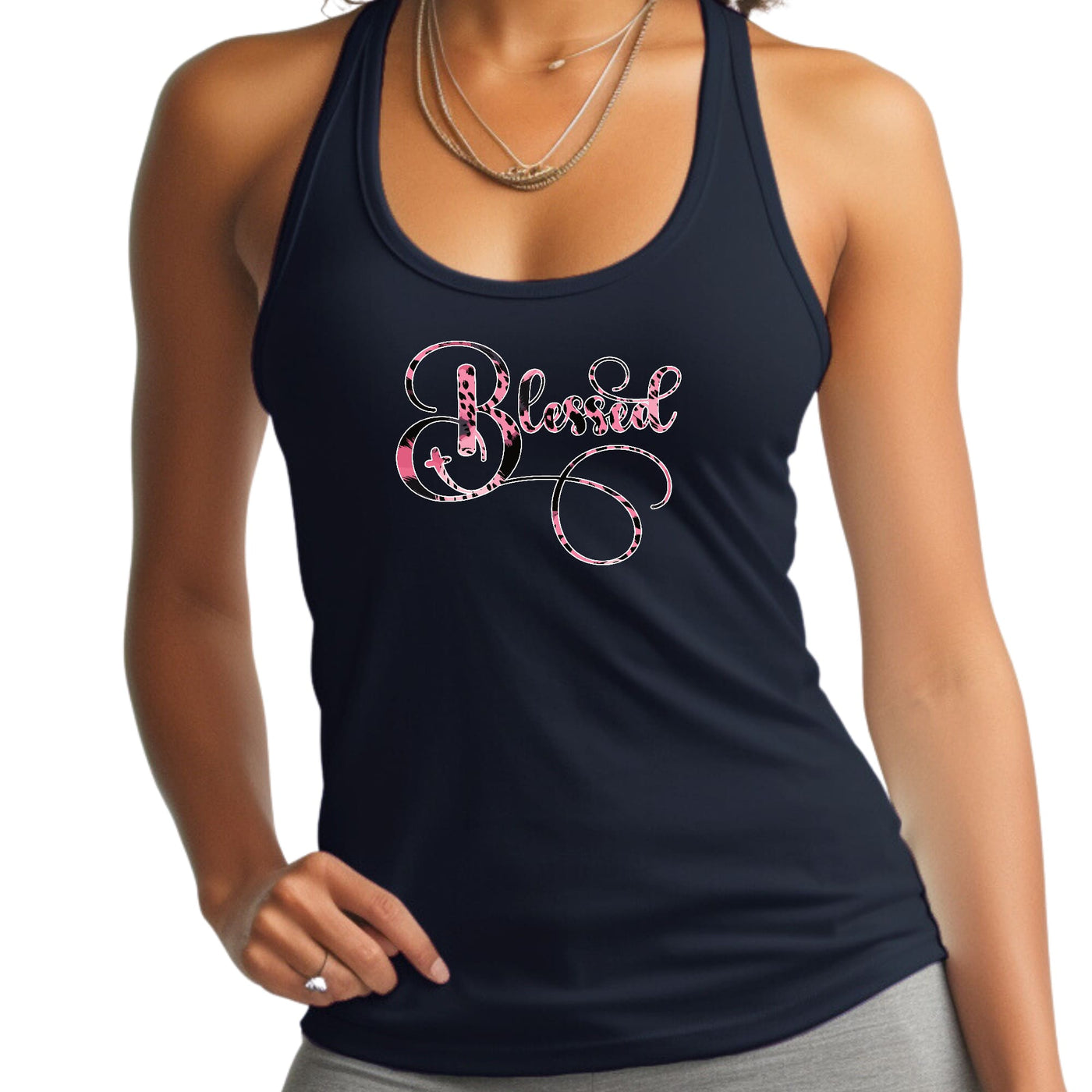 Womens Tank Top Fitness T-shirt Blessed Pink And Black Patterned - Womens