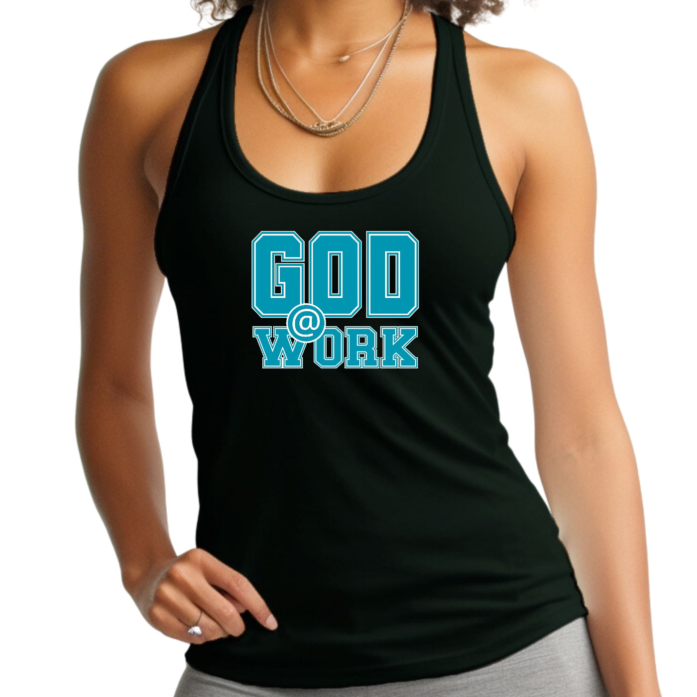 Womens Tank Top Fitness T-shirt God @ Work Blue Green And White Print - Womens