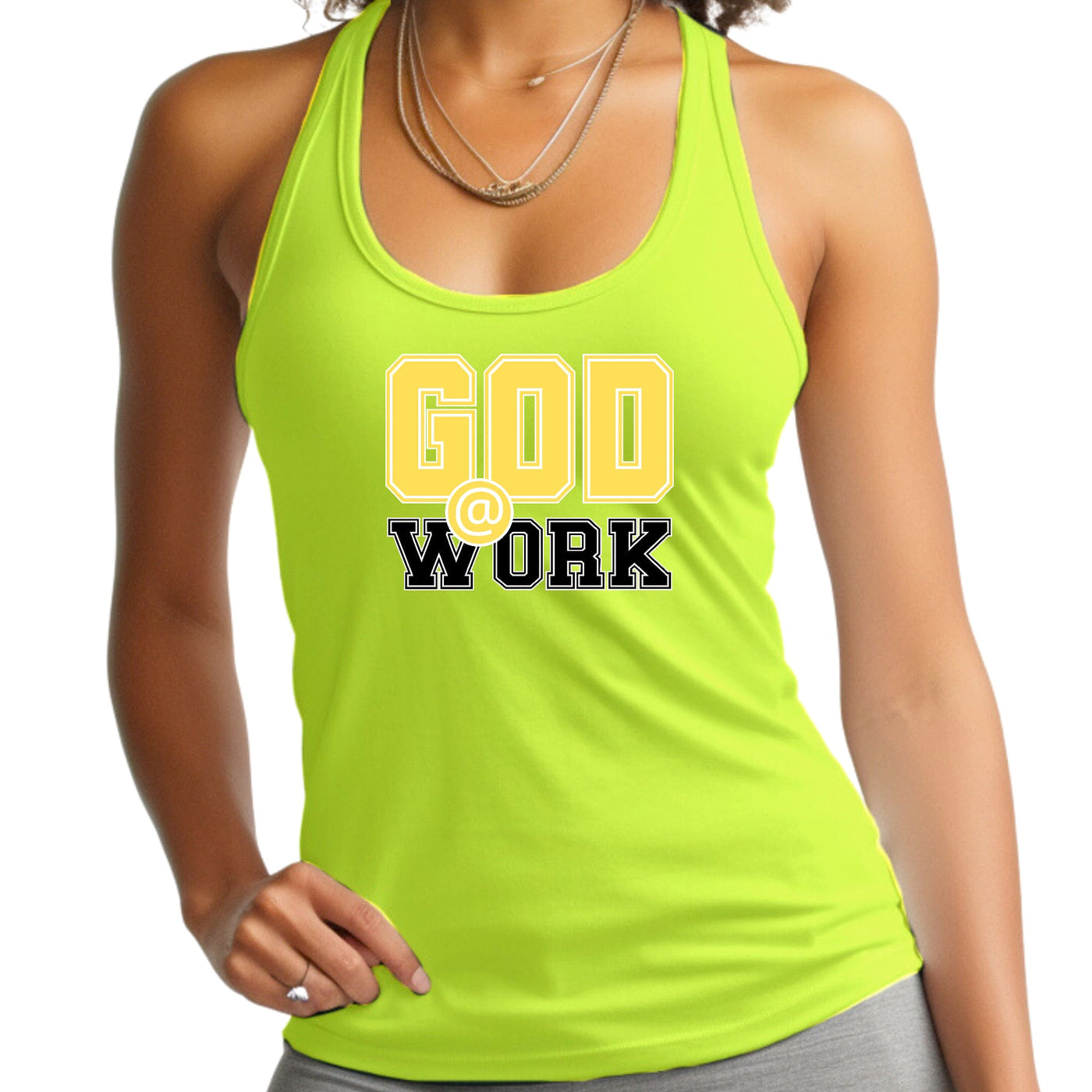 Womens Tank Top Fitness T-shirt God @ Work Yellow And Black Print - Womens