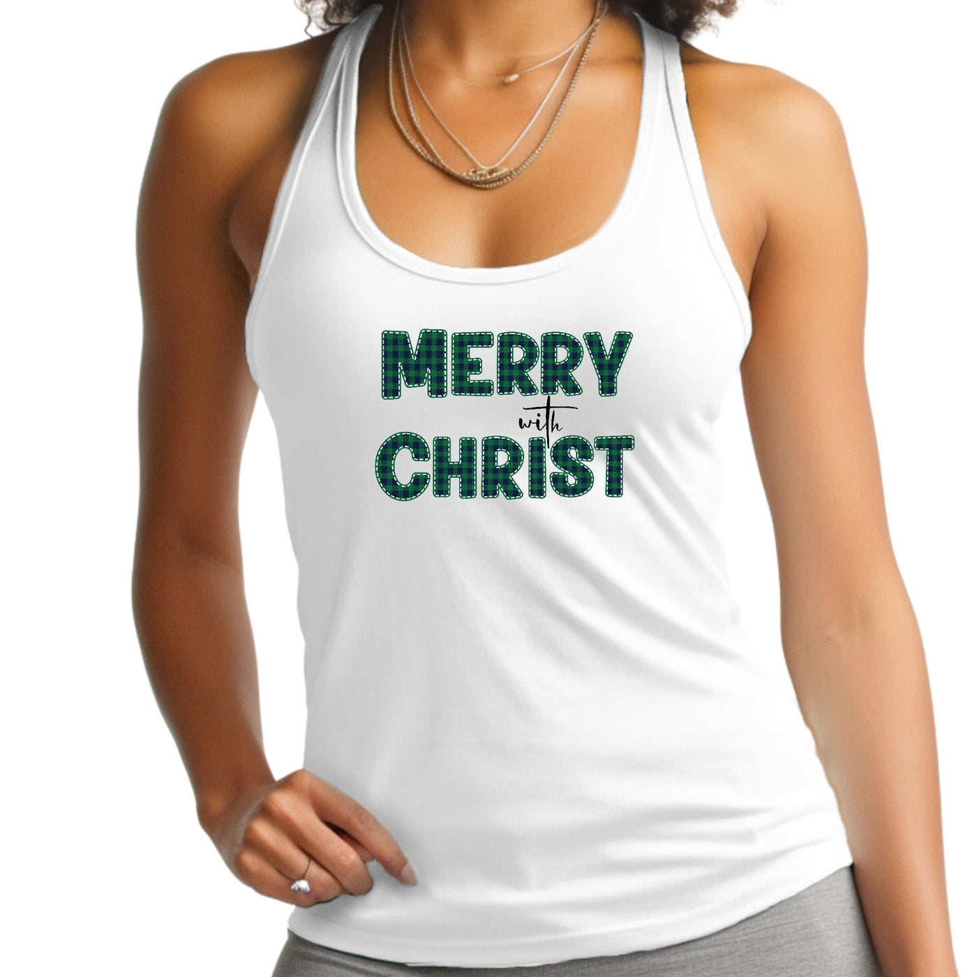Womens Tank Top Fitness T-shirt Merry With Christ Green Plaid - Womens | Tank