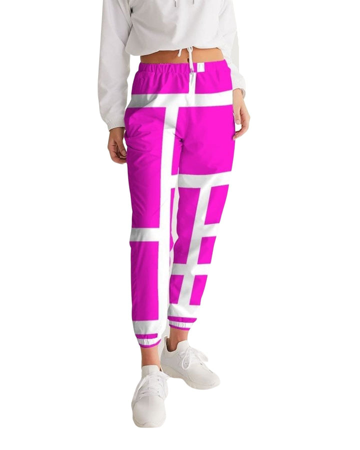 Womens Track Pants - Pink & White Block Grid Graphic Sports Pants - Womens