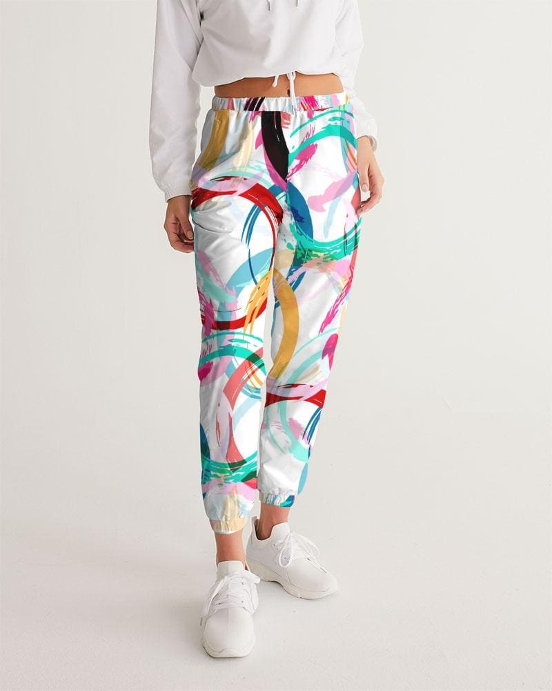 Womens Track Pants - White Multicolor Circular Graphic Sports Pants - Womens