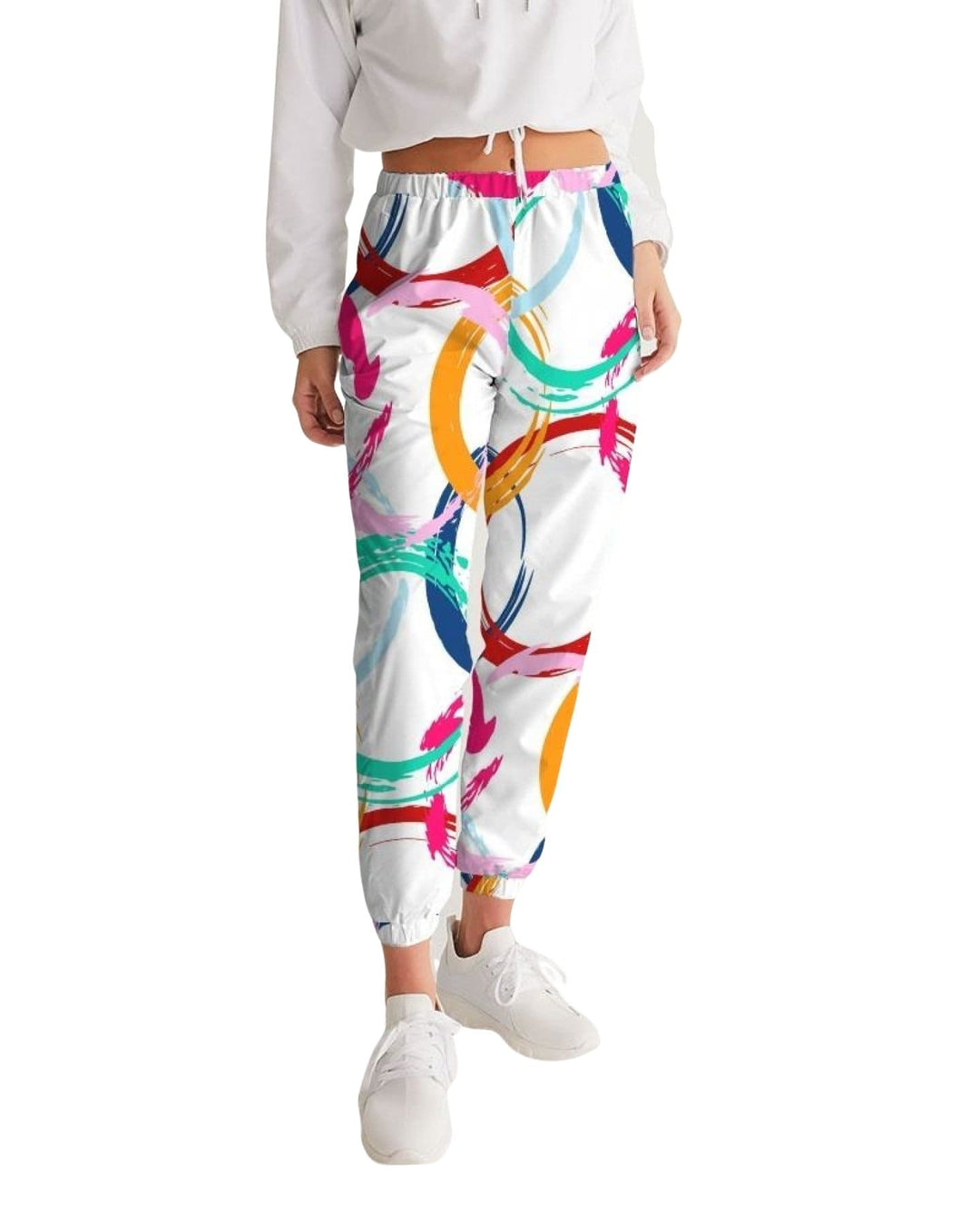 Womens Track Pants - White Multicolor Circular Graphic Sports Pants - Womens