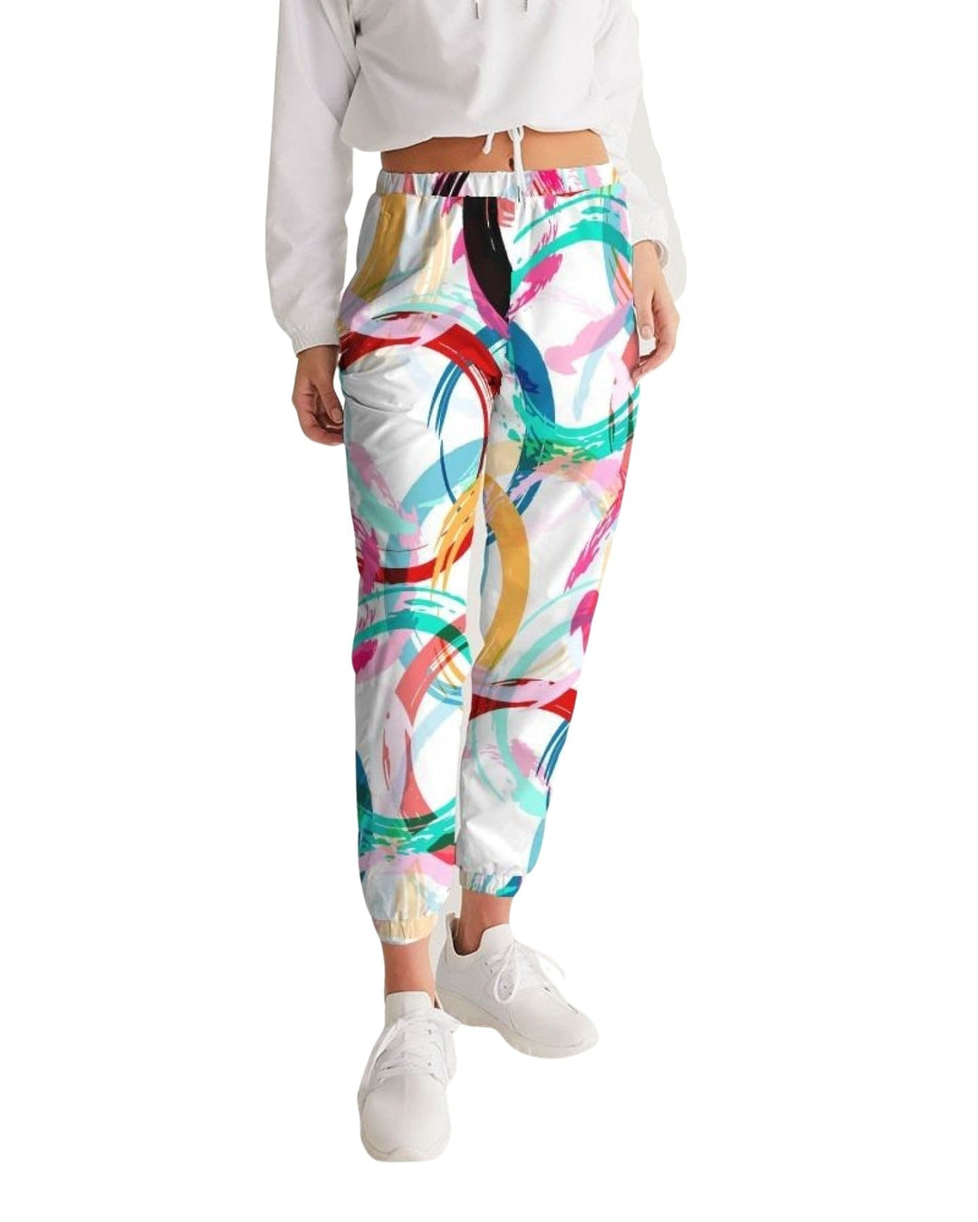 Womens Track Pants - White Multicolor Circular Graphic Sports Pants - Womens