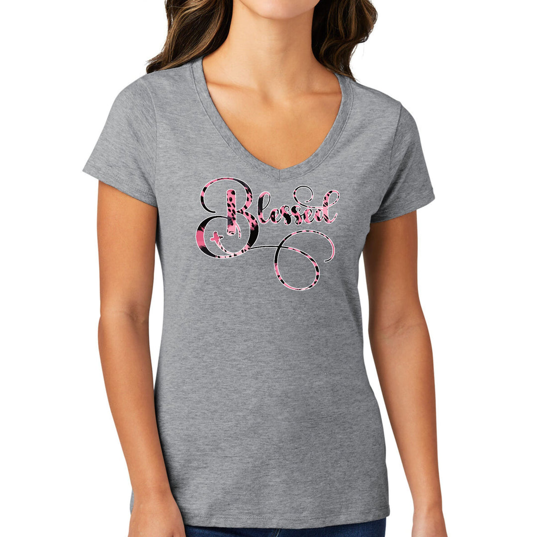 Womens V-neck Graphic T-shirt Blessed Pink and Black Patterned - Womens