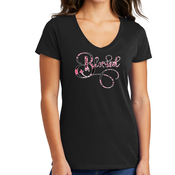 Womens V-neck Graphic T-shirt Blessed Pink and Black Patterned - Womens