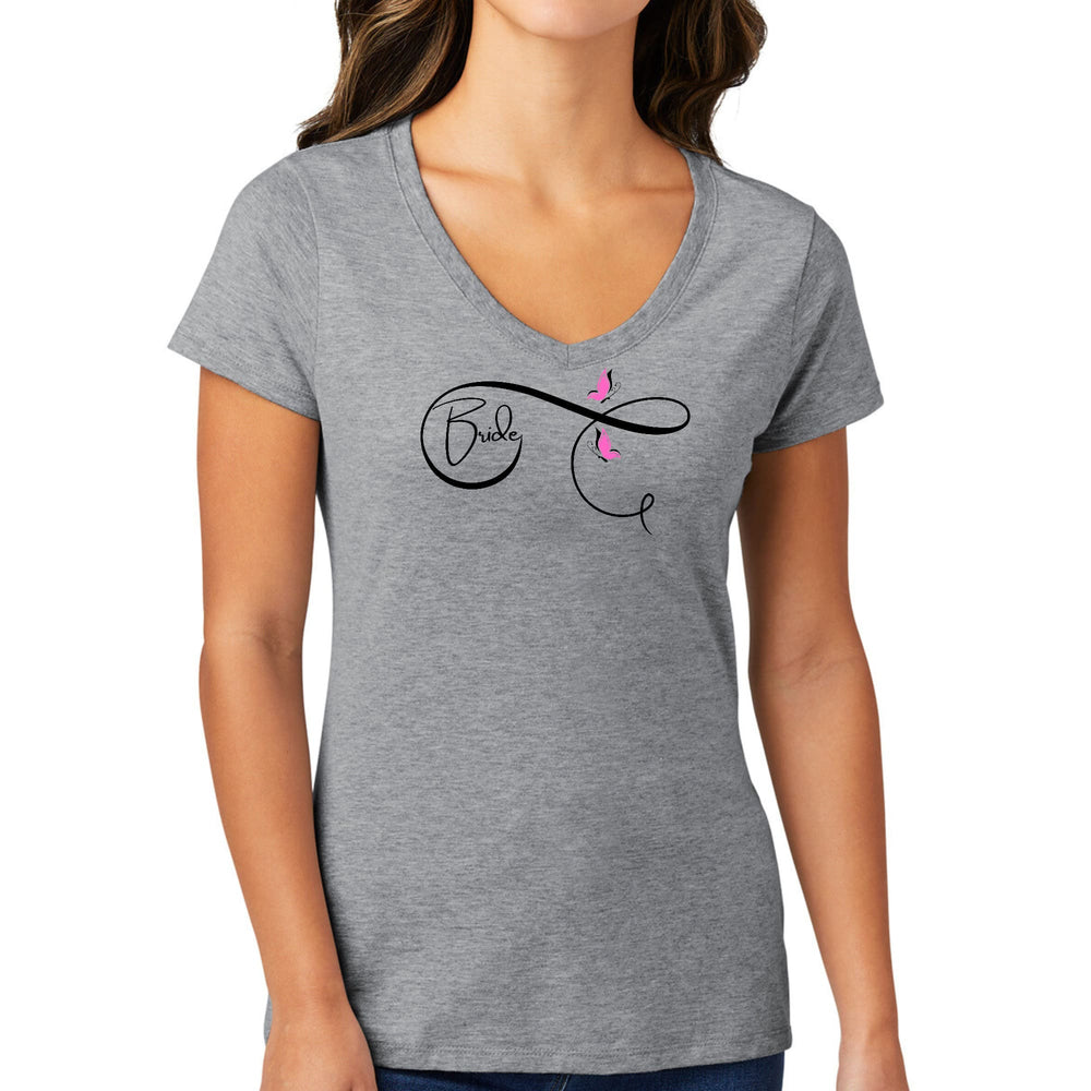 Womens V-neck Graphic T-shirt Bride - Wedding Bridal Pink Butterfly - Womens