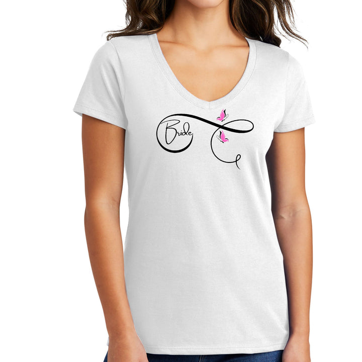 Womens V-neck Graphic T-shirt Bride - Wedding Bridal Pink Butterfly - Womens