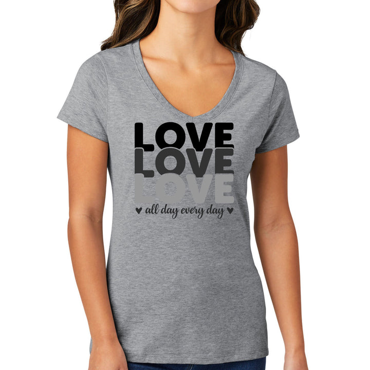 Womens V-neck Graphic T-shirt Love All Day Every Day Black Print - Womens