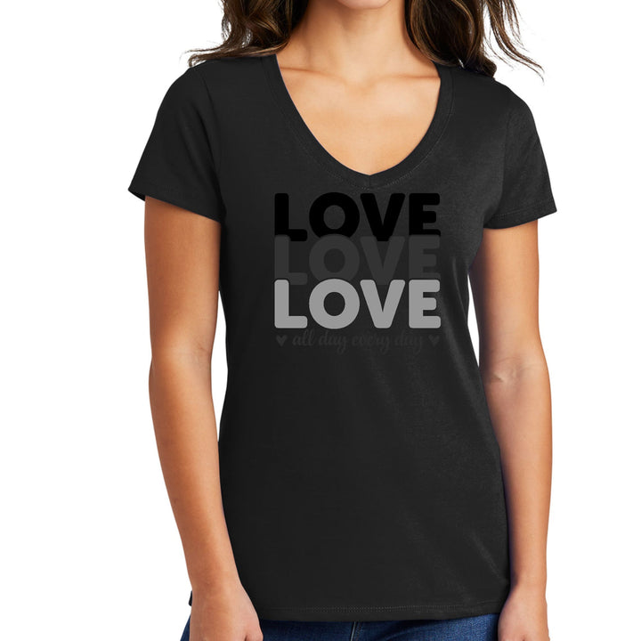 Womens V-neck Graphic T-shirt Love All Day Every Day Black Print - Womens