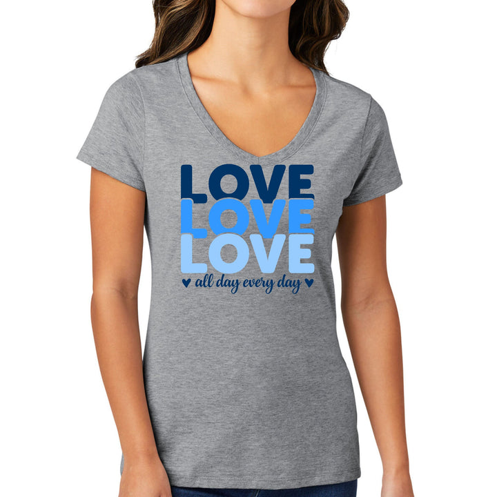 Womens V-neck Graphic T-shirt Love All Day Every Day Blue Print - Womens