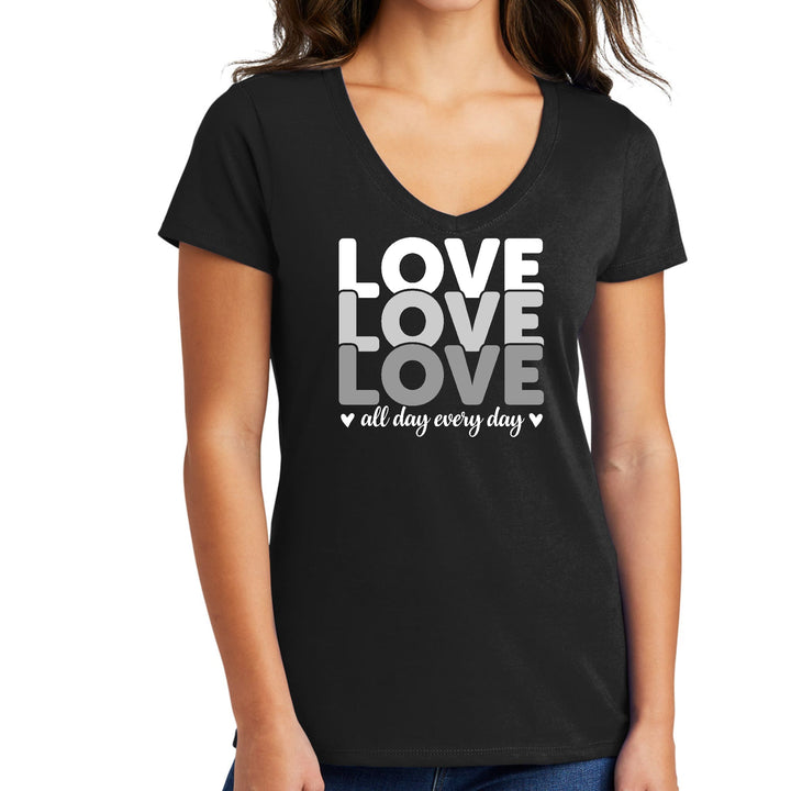 Womens V-neck Graphic T-shirt Love All Day Every Day White Grey Print - Womens
