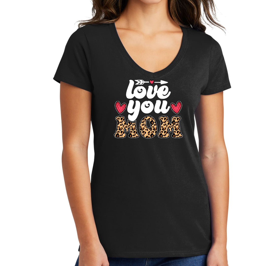 Womens V-neck Graphic T-shirt Love you Mom Leopard Print - Womens | T-Shirts